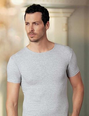 Gray Crew Neck Short Sleeve Single Jersey T-Shirt ME069 - Thumbnail