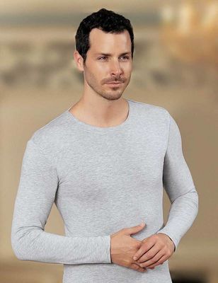 Gray Crew Neck Long Sleeve Men's T-Shirt ME071 - Thumbnail