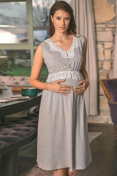 Gray Lace Detailed Maternity Nightgown Set 5546