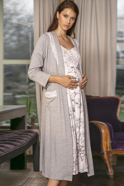 Gray Floral Pattern Maternity Nightgown and Dressing Gown 5544