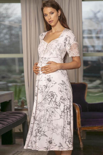 Gray Floral Pattern Maternity Nightgown and Dressing Gown 5544