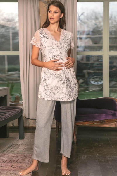 Gray Floral Pattern Maternity Pajamas Dressing Gown 5543