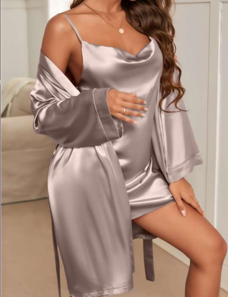 Gri Saten Pijama Sabahlık Seti