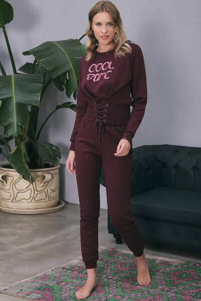 Pamuklu Göğüs İşlemeli Bel Detaylı Uzun Kollu Sweatshirt ve Pantolon Pijama Takım 9752