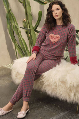 Polar Kumaş Ekose Uzun Kol Sweatshirt ve Pantolon Pijama Takım 9746 - Thumbnail