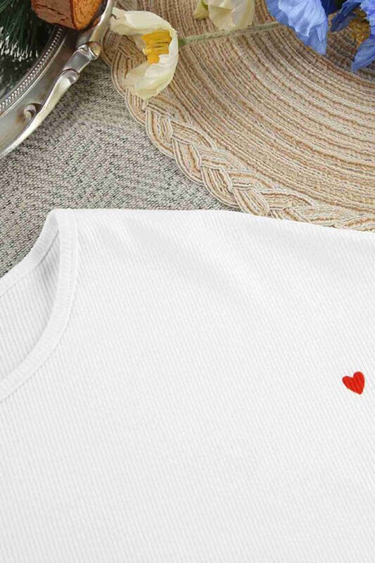 Kalp Baskılı Uzun Kollu İnce Kumaş Dökümlü Pijama Takımı Beyaz - 4