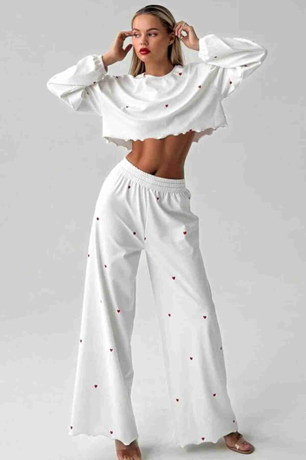 Kalp Baskılı Uzun Kollu İnce Kumaş Dökümlü Pijama Takımı Beyaz - 2