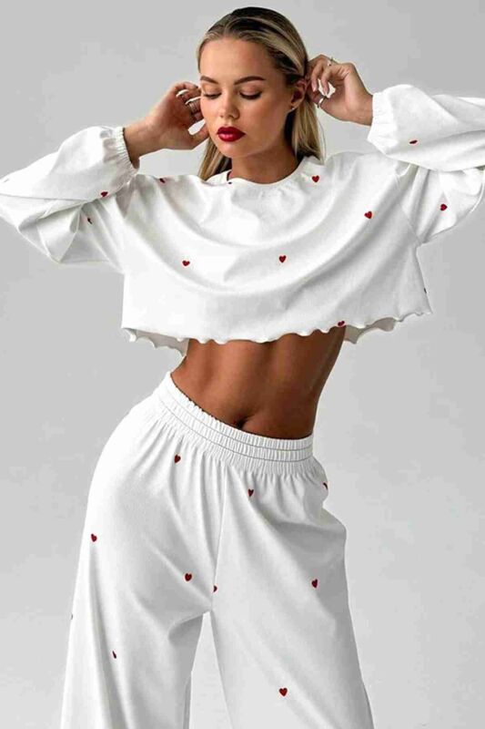 Kalp Baskılı Uzun Kollu İnce Kumaş Dökümlü Pijama Takımı Beyaz - 3