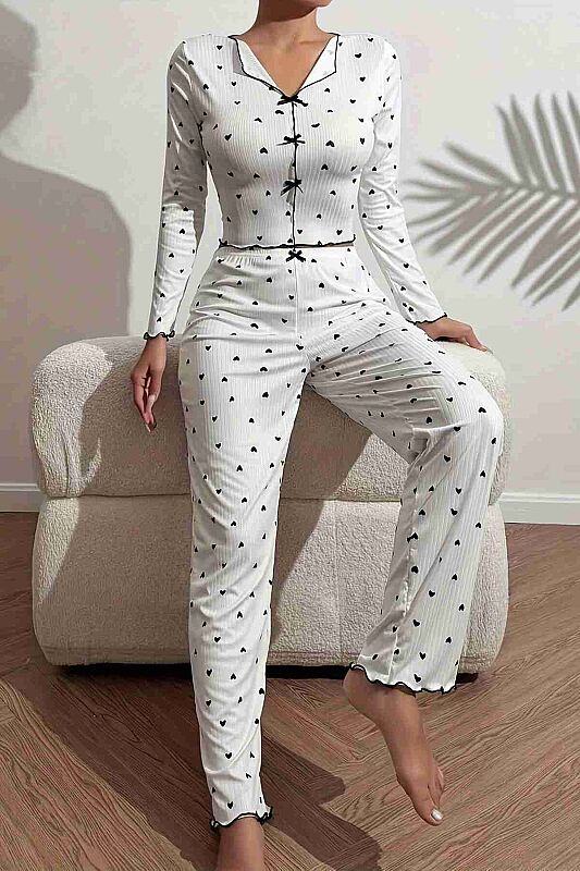 Kalp Baskılı Uzun Kollu Pijama Takımı Beyaz - Merry See