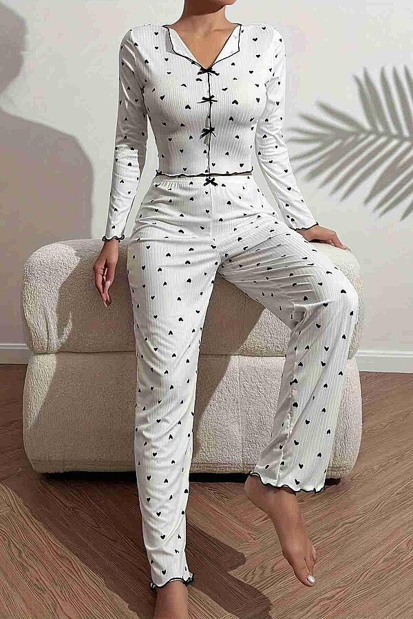 Kalp Baskılı Uzun Kollu Pijama Takımı Beyaz - 1
