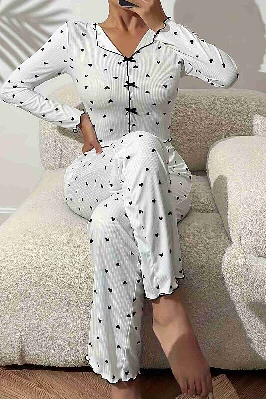Kalp Baskılı Uzun Kollu Pijama Takımı Beyaz - 2