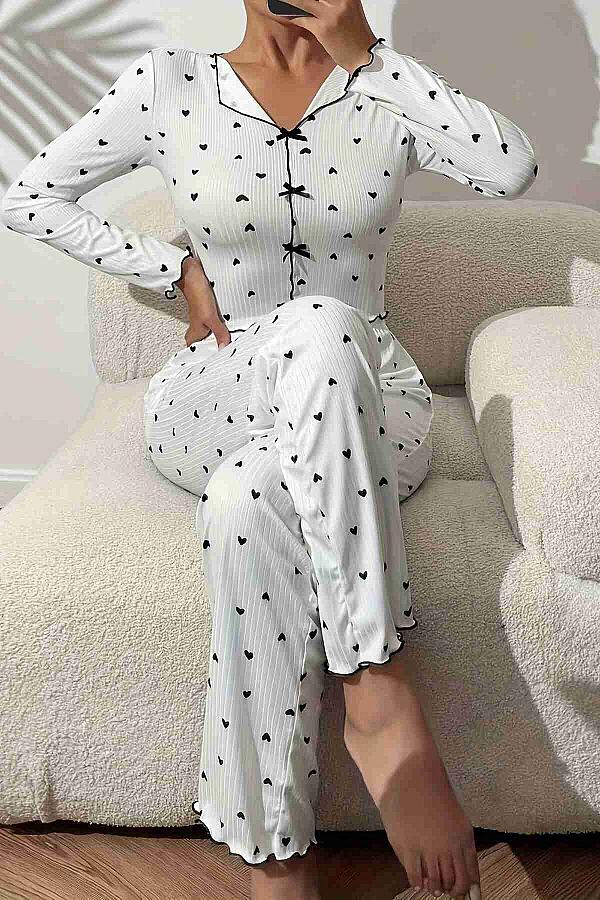 Kalp Baskılı Uzun Kollu Pijama Takımı Beyaz - 2