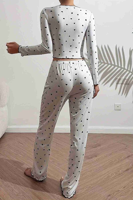 Kalp Baskılı Uzun Kollu Pijama Takımı Beyaz - 3