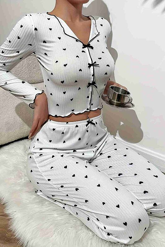 Kalp Baskılı Uzun Kollu Pijama Takımı Beyaz - 4