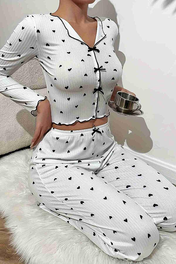 Kalp Baskılı Uzun Kollu Pijama Takımı Beyaz - 4