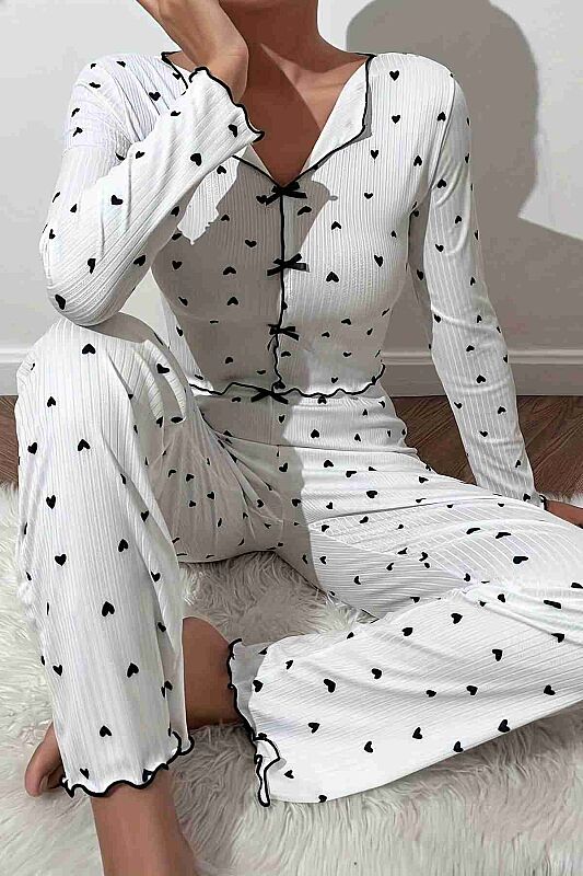 Kalp Baskılı Uzun Kollu Pijama Takımı Beyaz - 5