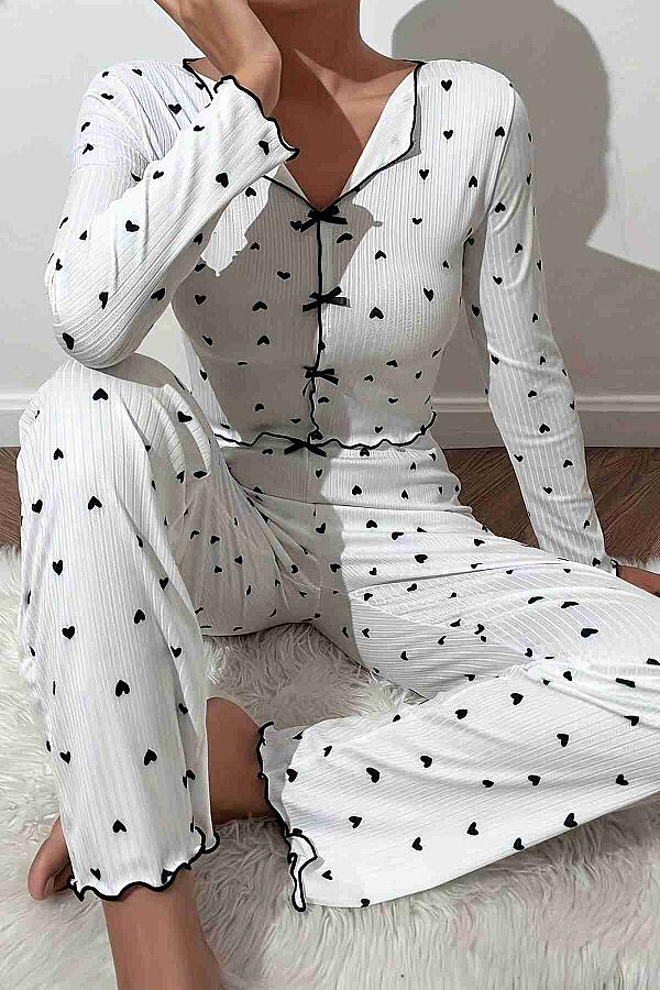 Kalp Baskılı Uzun Kollu Pijama Takımı Beyaz - 5