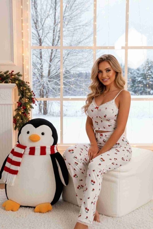 Kiraz Baskılı Askılı Şık Pijama Takımı Beyaz - 2