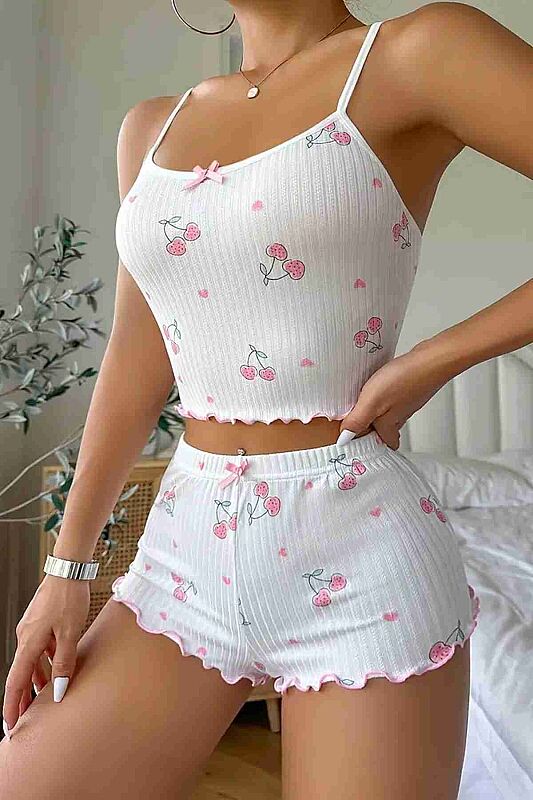 Kiraz Baskılı Askılı Şortlu Pijama Takımı - 1