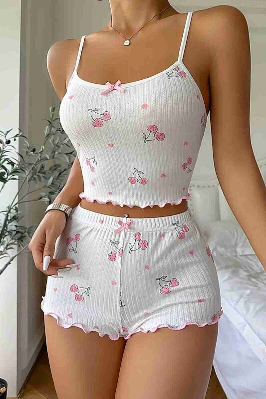 Kiraz Baskılı Askılı Şortlu Pijama Takımı - 2