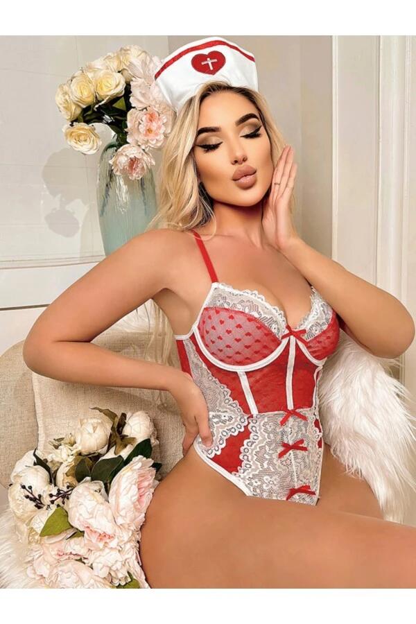 Kırmızı Fantezi Hemşire Kostümü - For Dreams