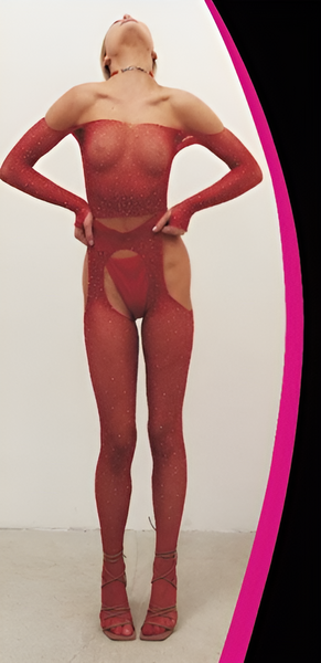 Kırmızı Kristal Taşlı Tül Body 4004