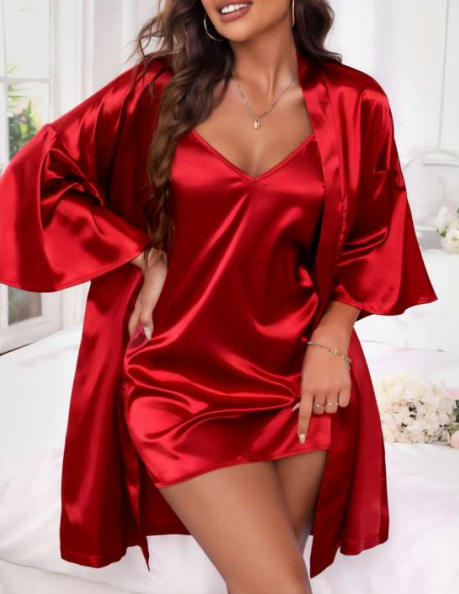 Kırmızı Saten Pijama Sabahlık Seti
