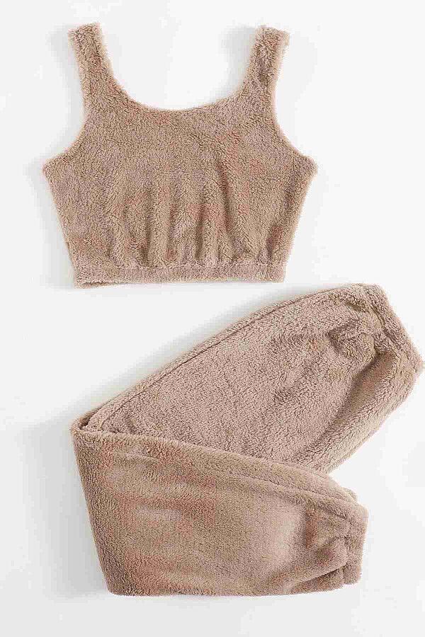  Kolsuz Askılı Peluş Polar Alt Üst Pijama Takımı - 7