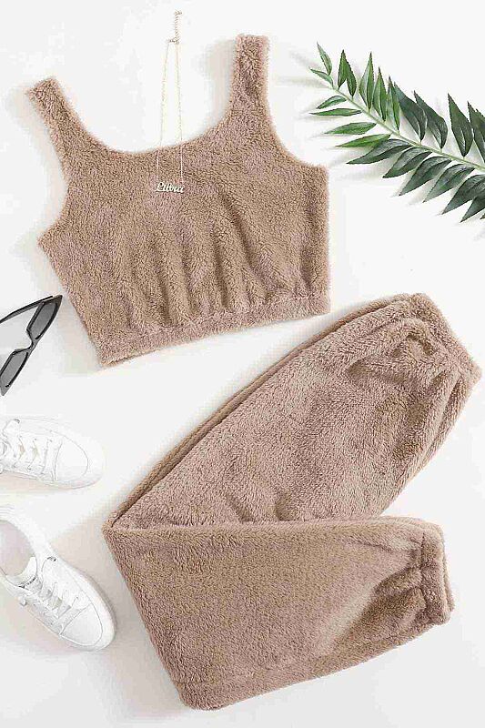  Kolsuz Askılı Peluş Polar Alt Üst Pijama Takımı - 8