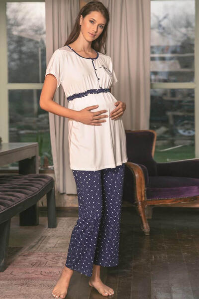 Navy Polka Dot Patterned Maternity Pajamas Set 9661