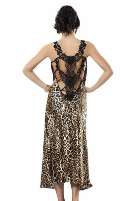 Leopard Patterned Long Satin Nightgown with Deep Slit 1459 - Thumbnail