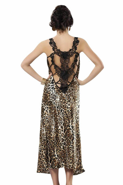 Leopard Patterned Long Satin Nightgown with Deep Slit 1459