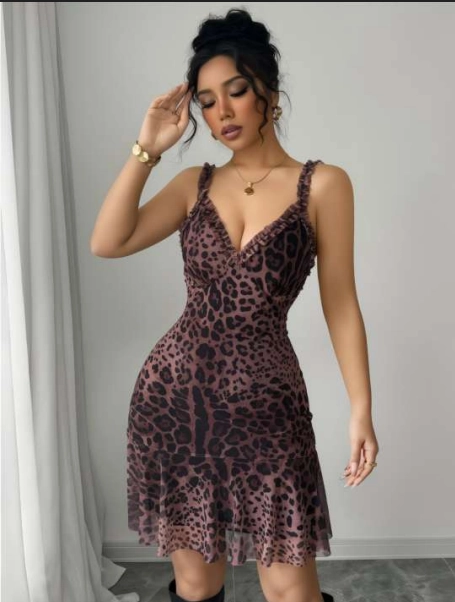 Leopar Desenli Fırfırlı Mini Elbise1038