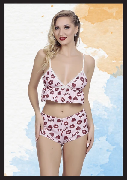 LOVE Baskılı Şortlu Bralet Takımı
