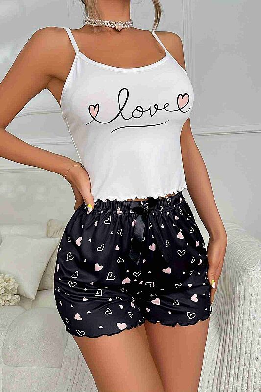 Love Kalp Baskılı Şortlu Pijama Takımı - 2
