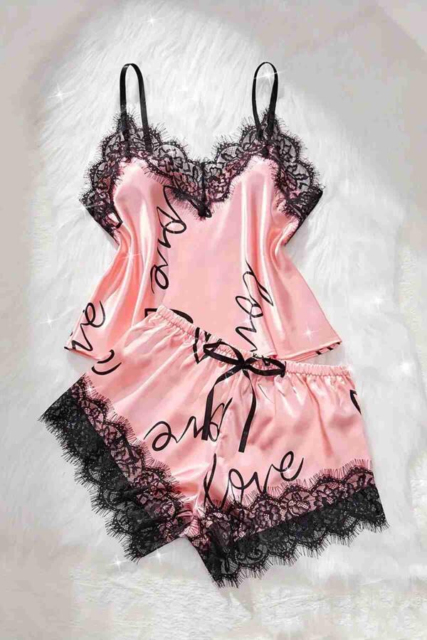 Love Kalp Baskılı Şortlu Pijama Takımı Pembe - 5