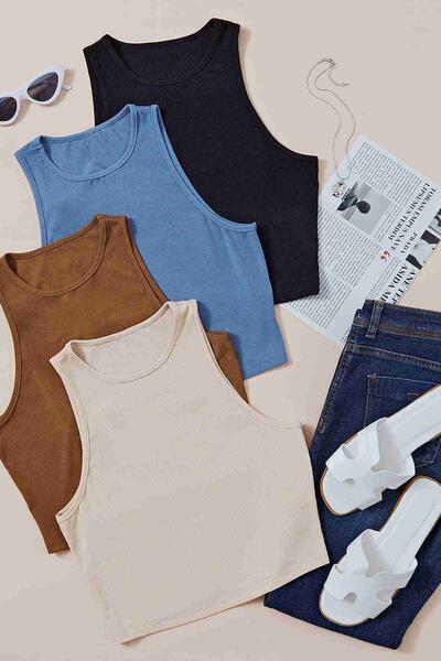 Merry See 4'lü Paket 4 Renk Takım Kadın Kolsuz Örme Kumaş Bluz Crop Çok Renkli