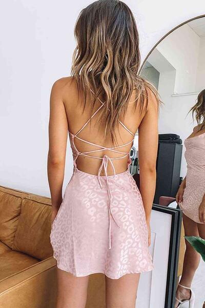 Merry See Baskılı Saten Mini Elbise Pembe 