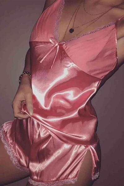 Merry See Dantel İşlemeli Saten Sortlu Pijama Takım Pembe 