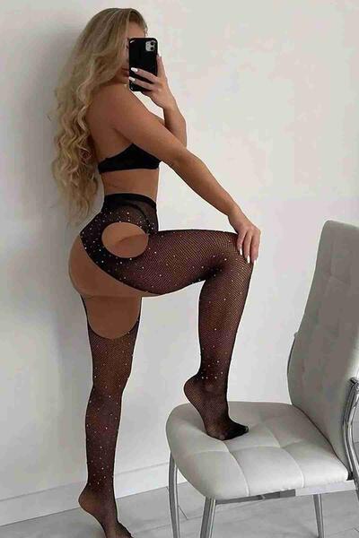 File Taşlı Jartiyer Görünümlü Fantazi Seksi Külotlu Çorap Siyah