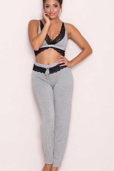 Gray Lace Embroidered Tracksuit Pajamas Bottom Top Set - MS4010