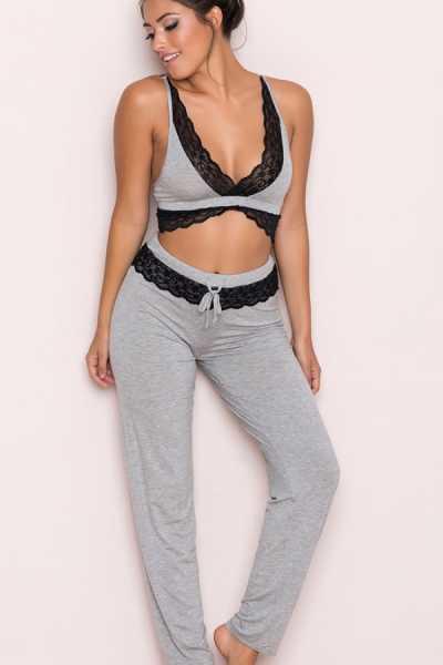Gray Lace Embroidered Tracksuit Pajamas Bottom Top Set - MS4010