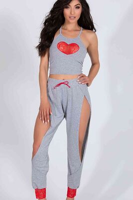 Merry See Özel Tasarım Dantel Kalp Tasarımlı Pijama Takım Gri - MS4046 - Thumbnail