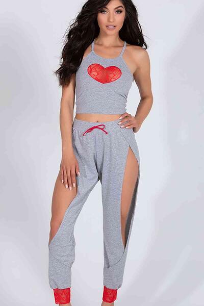 Merry See Özel Tasarım Dantel Kalp Tasarımlı Pijama Takım Gri - MS4046