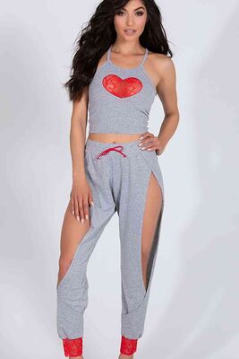 Merry See Özel Tasarım Dantel Kalp Tasarımlı Pijama Takım Gri - Thumbnail