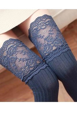 Perfumed Lacy Knit Above Knee Garter Socks Navy - MS7802 - Thumbnail