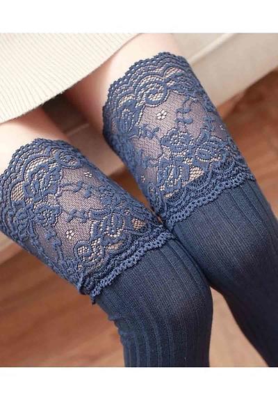 Perfumed Lacy Knit Above Knee Garter Socks Navy - MS7802