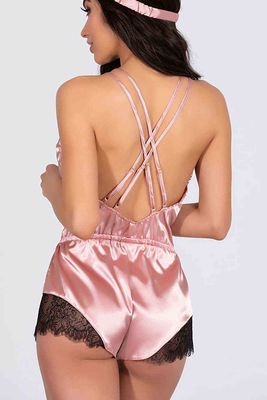 Merry See Satin Lace Jumpsuit Nightgown Pink - MS2310 - Thumbnail
