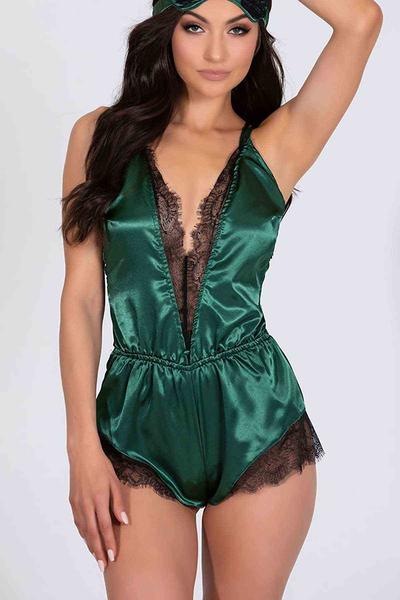 Merry See Satin Lace Jumpsuit Nightgown Green - MS2310