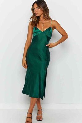 Merry See Yeşil Saten Uzun Yırtmaçlı Gecelik Elbise MS2321 - Thumbnail